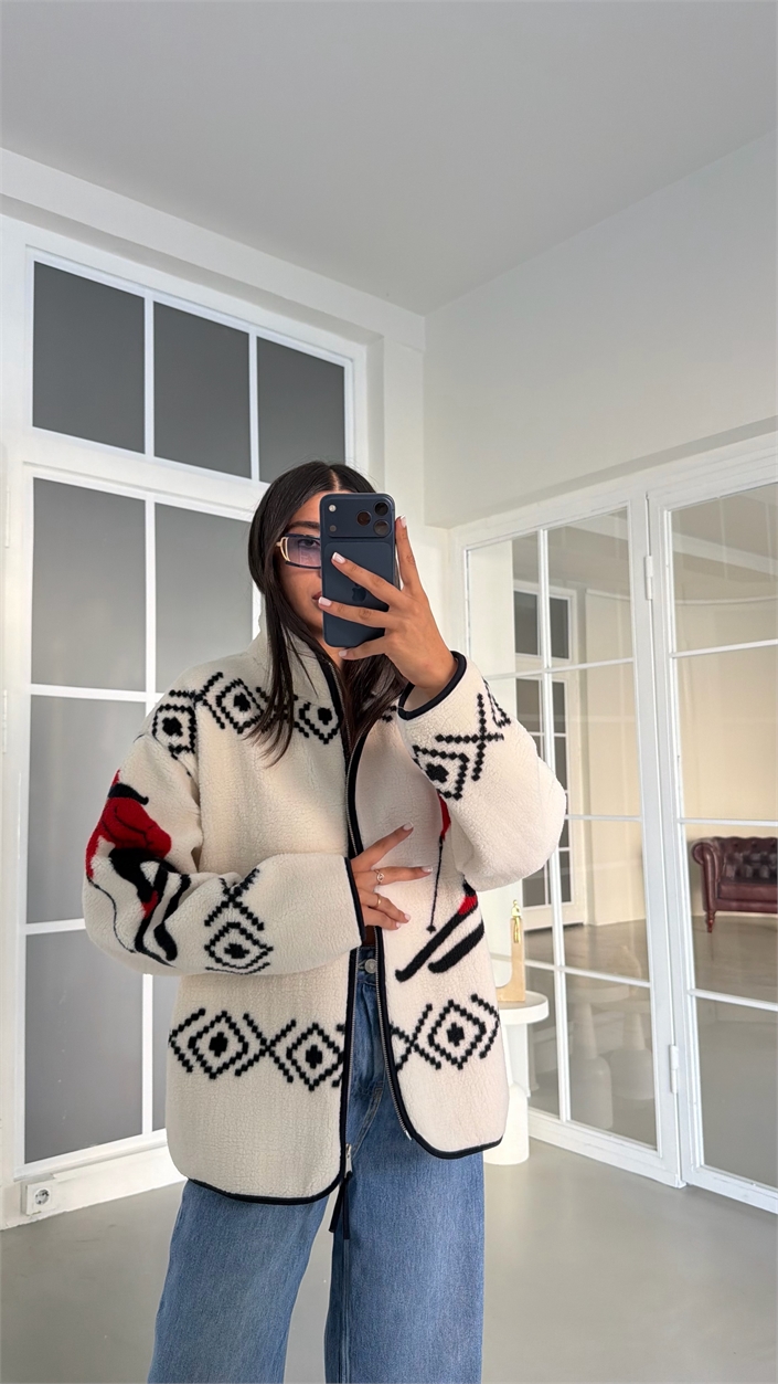 Ekru Kızak Desenli Fermuarlı Polar Sweatshirt GAUS-01916 GAUS-02016