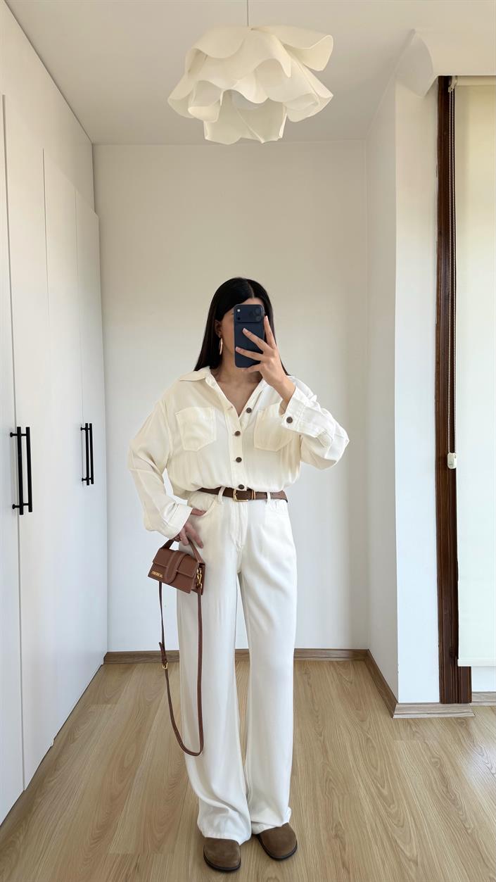 Bej Beli Lastikli Tencel Denim Tulum GAUS-01394
