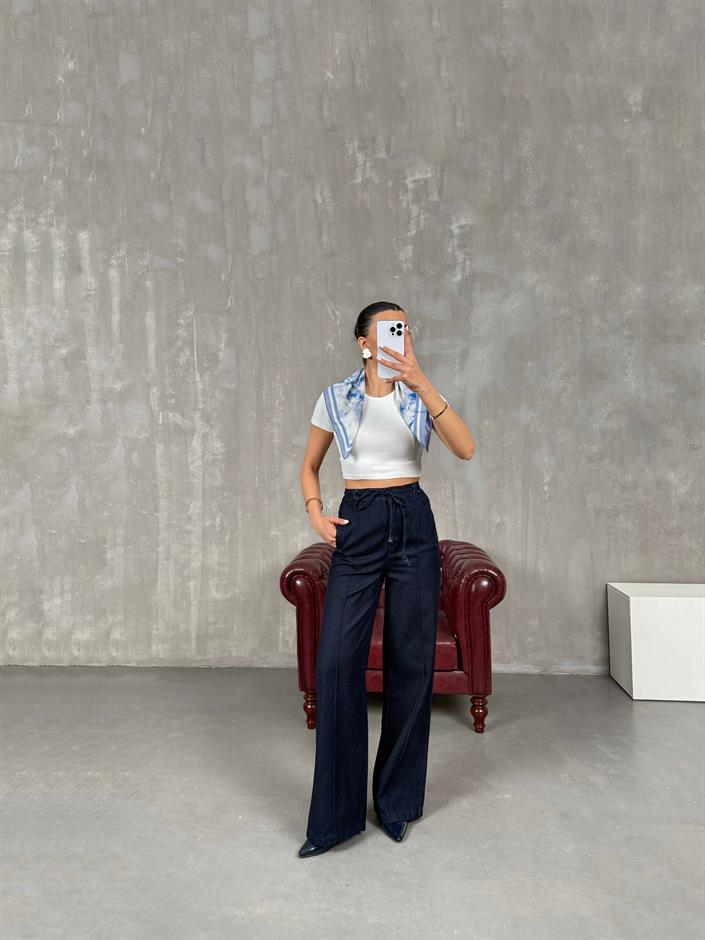 Lacivert Çımalı Beli Lastikli Bağlamalı Denim Pantolon Gaus00033