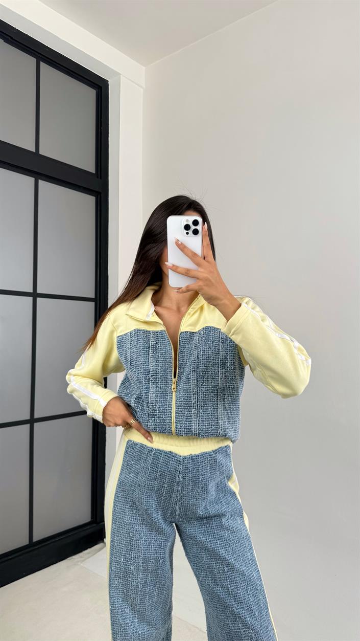Sarı Şeritli Denim Detaylı Ceket Beli Lastikli Pantolon İkili Takım GAUS-00113