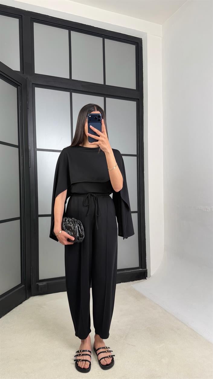Siyah Pelerin Detaylı Bluz Beli Lastikli Pantolon İkili Tasarım Modal Takım GAUS-01499