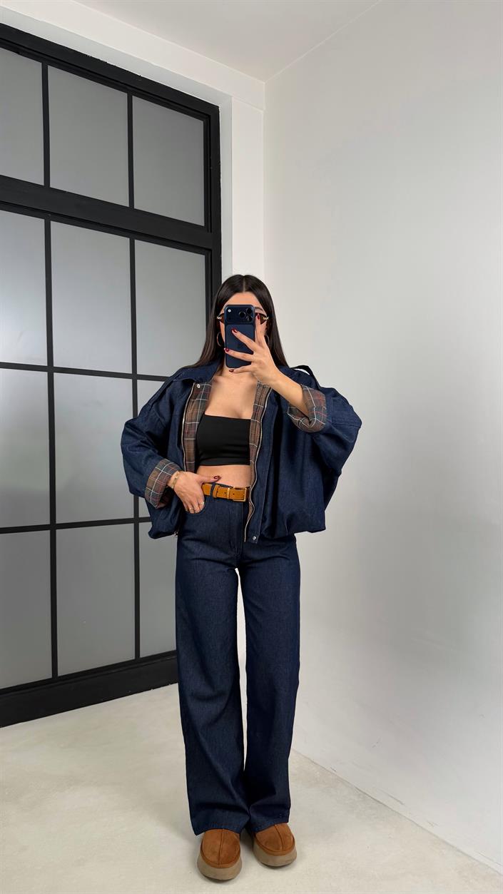 Lacivert Ekoseli Astarlı Bomber Ceket Beli Lastikli Pantolon Denim Takım GAUS-00687