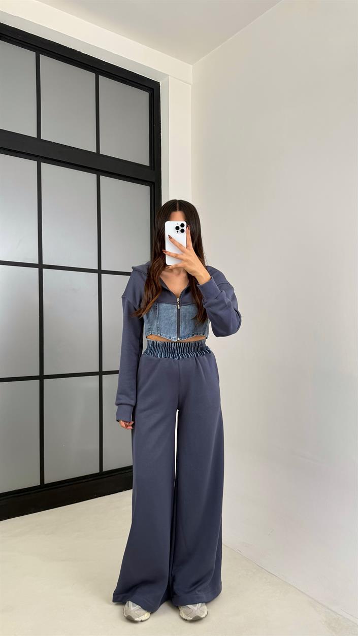 Antrasit Denim Detaylı Kapüşonlu Hırka Beli Lastikli Pantolon Tasarım Takım GAUS-00444