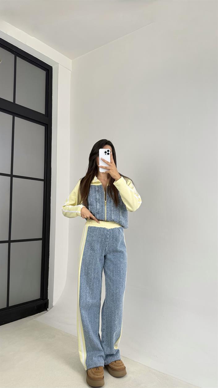 Sarı Şeritli Denim Detaylı Ceket Beli Lastikli Pantolon İkili Takım GAUS-00113