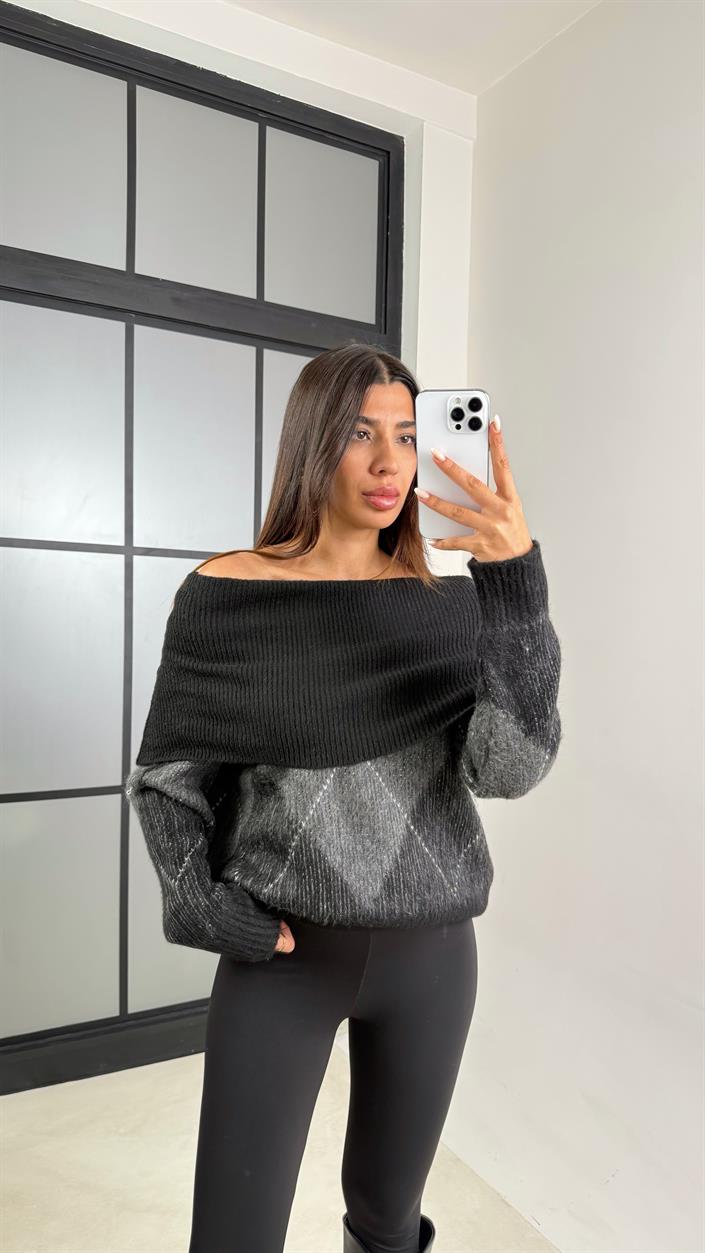 Antrasit Madonna Yaka Baklava Desenli Kazak GAUS-00537