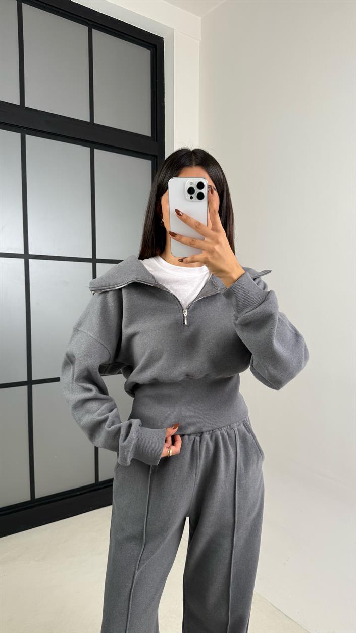 Gri Selanik Tshirtlü 3Lü Örme Takım GAUS-00154