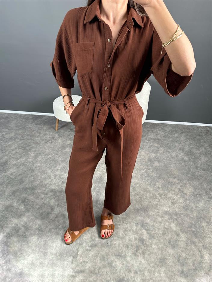 Kahverengi Müslin Kemerli Tulum