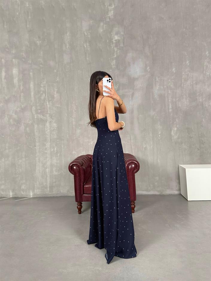 Lacivert Puantiyeli Askılı Elbise Gaus00123