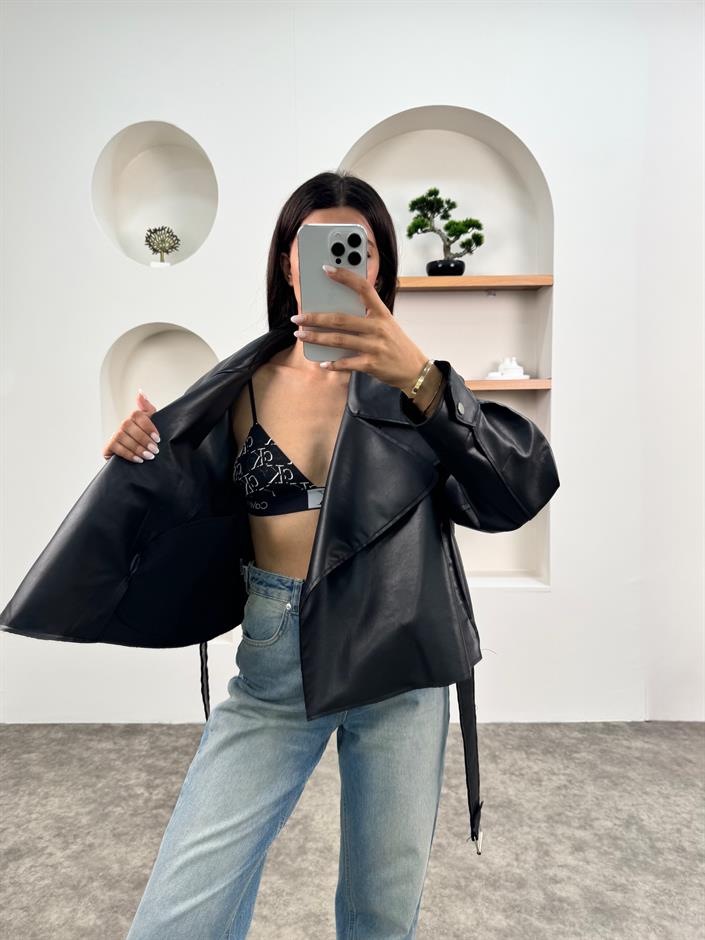 Wos Siyah Astarsız Kemerli Oversize Muadil Deri Ceket