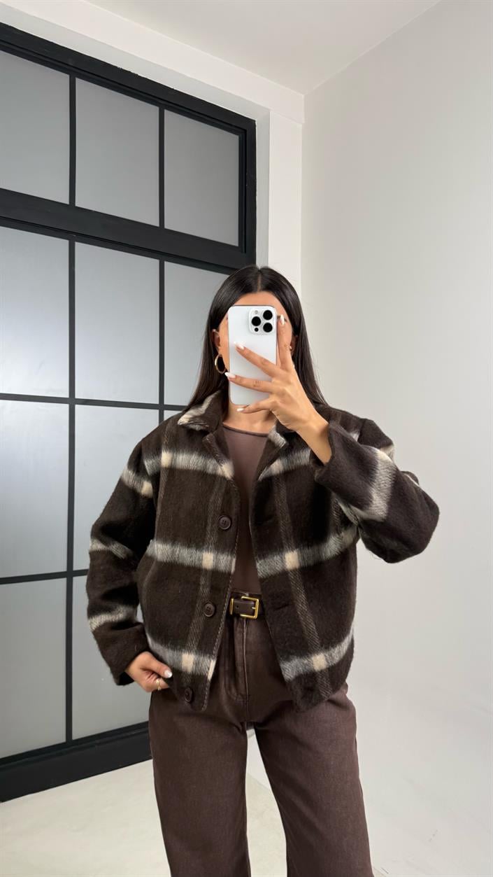 Acı Kahve Ekoseli Astarlı Yumuşak Dokulu Mont GAUS-00580