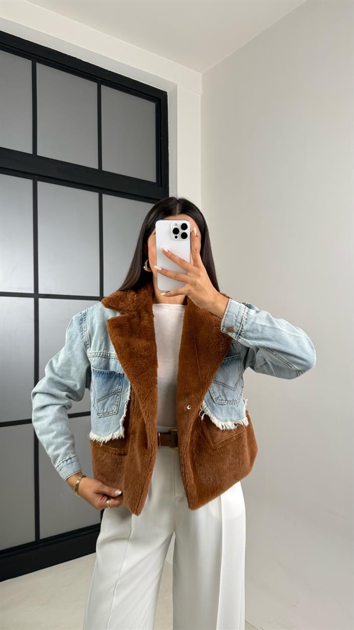 Kahve Denim Detaylı Peluş Ceket GAUS-00583