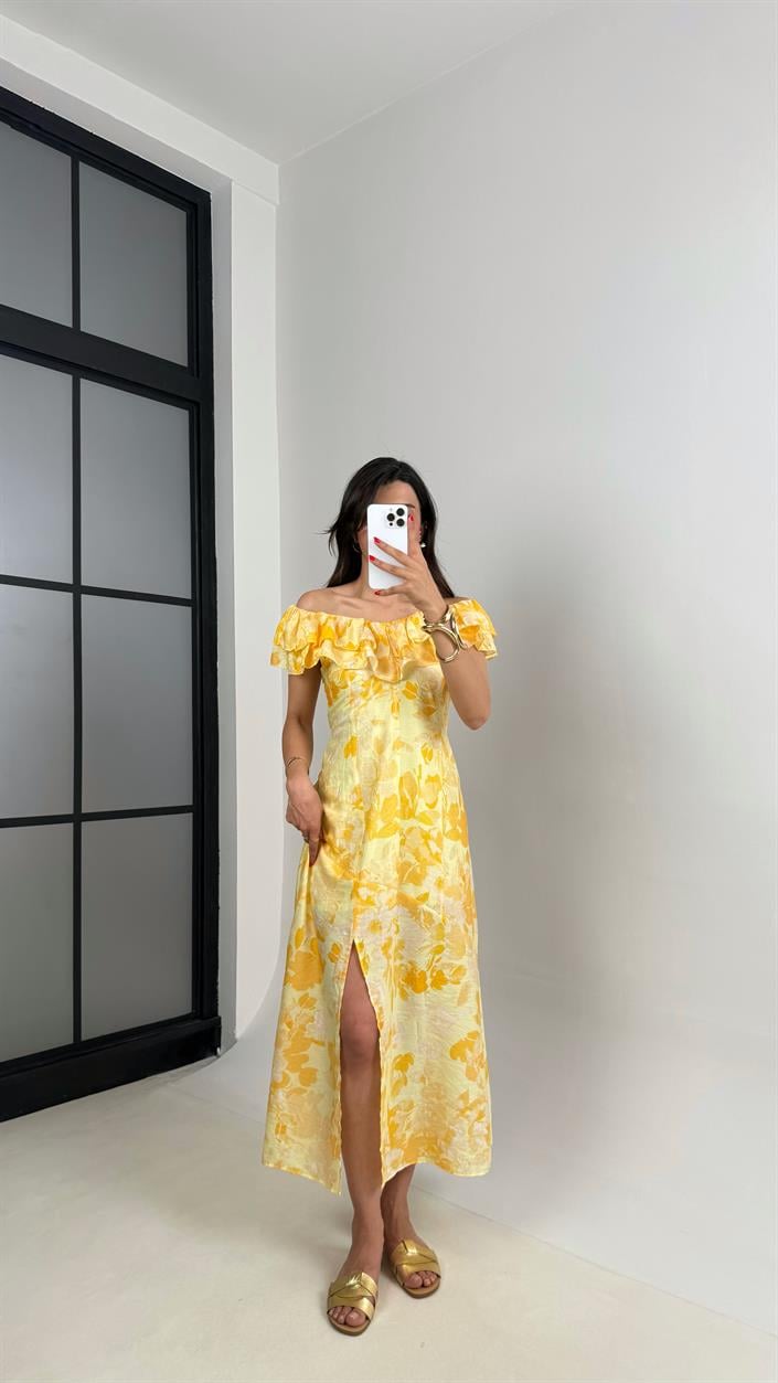 Pembe Çiçek Desenli Astarlı Dekolteli Elbise Gaus00517