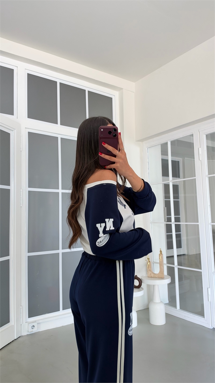 Lacivert Kayık Yaka Bluz Beli Lastikli Pantolon İkili Baskı Detaylı Takım GAUS-02234