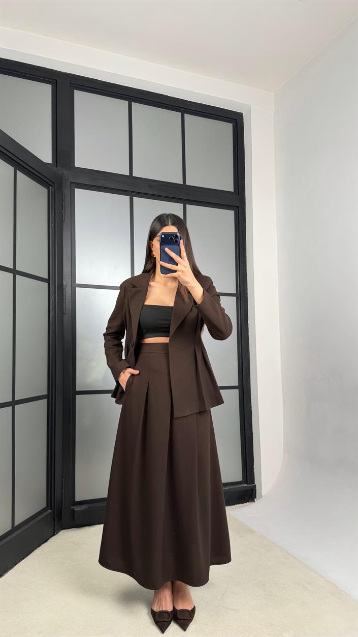 Acı Kahve Belden Oturtmalı Astarlı Vatkalı Ceket Cepli Etek Premium Takım GAUS-01290