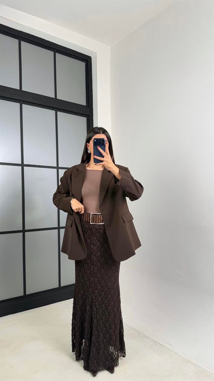 Acı Kahve Maxi Boy Full Astarlı Dantel Etek GAUS-00714