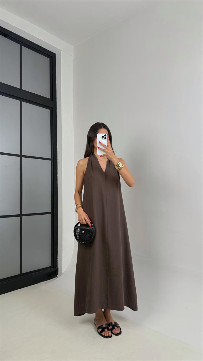 Kahve V Yaka Sırt Detaylı Premium Tencel Elbise Gaus00481 