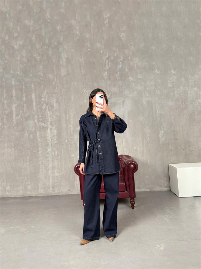 Tasira Lacivert Düğmeli Bağlamalı Tasarım Denim Takım