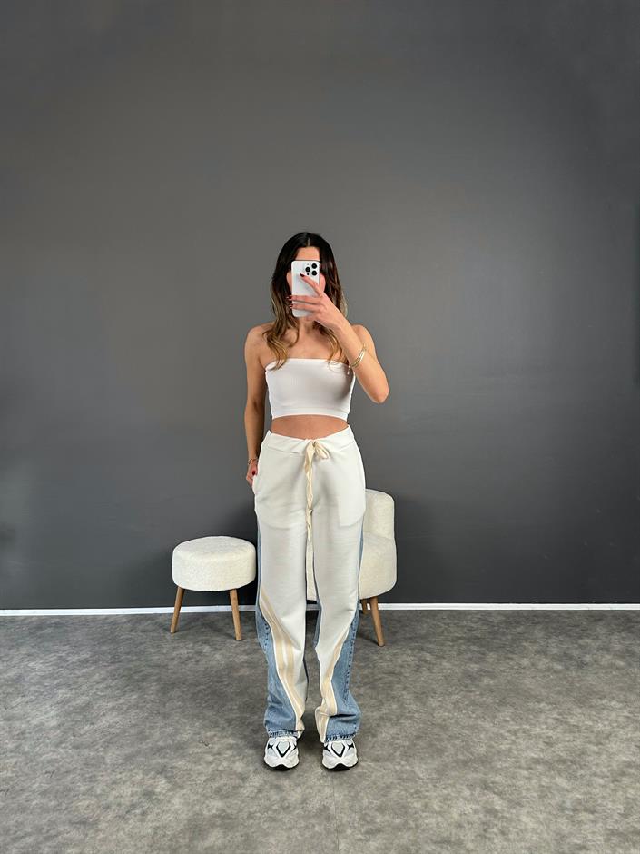 Premium Beyaz Jean Şerit Detaylı Pantolon 