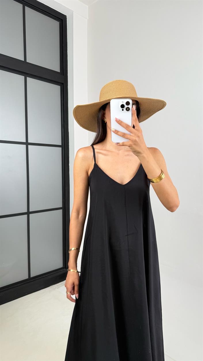 Siyah Ayarlanabilir Askılı Astarlı Tencel Elbise Gaus00690