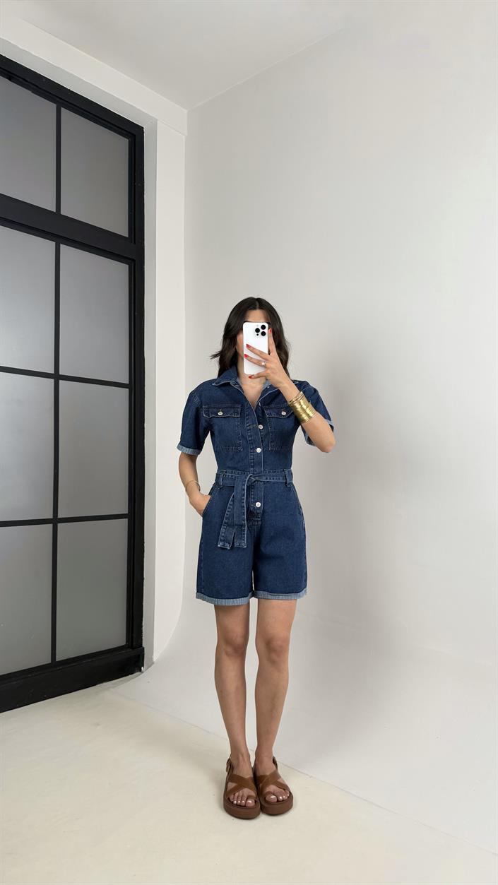Lacivert Kısa Kol Önü Düğmeli Kemerli  Denim Tulum Gaus00465