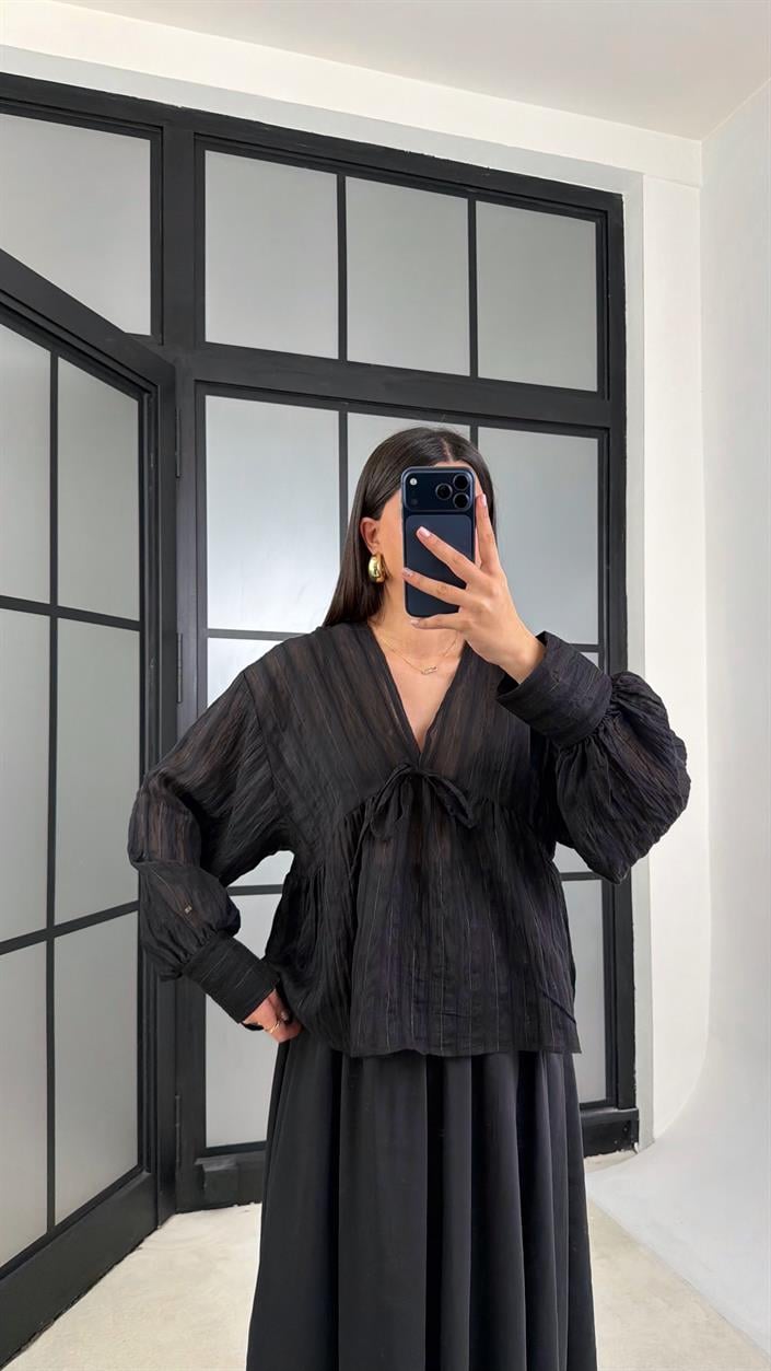 Siyah Balon Kol Transparan Gömlek GAUS-01201