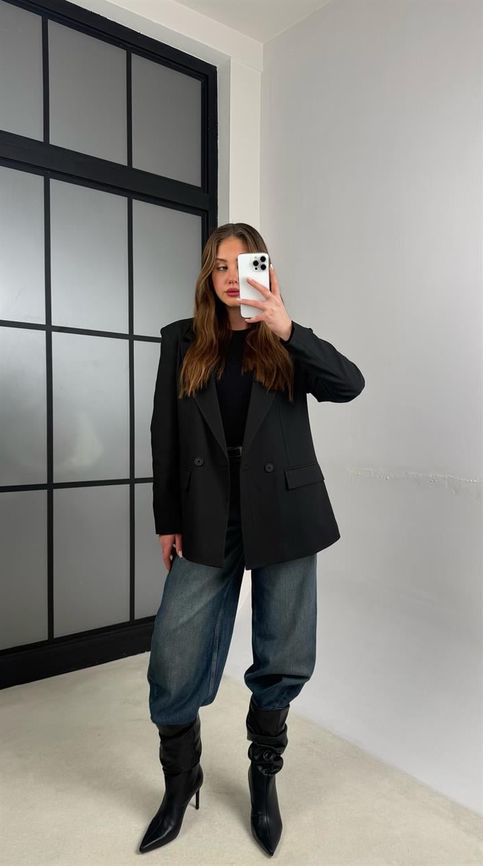 Siyah Astarlı Vatkalı Cep Detaylı Blazer Ceket GAUS-01158