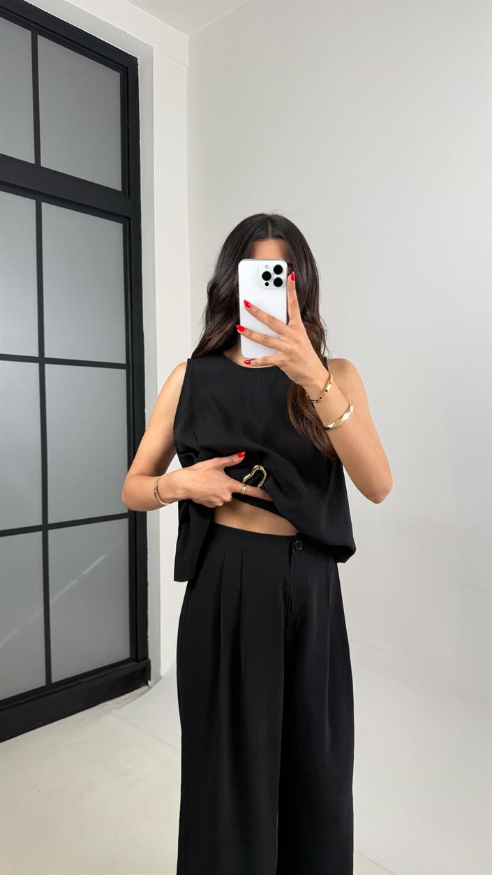 Siyah Gold Detaylı Bluz Balon Pantolon İkili Tencel Takım Gaus00510