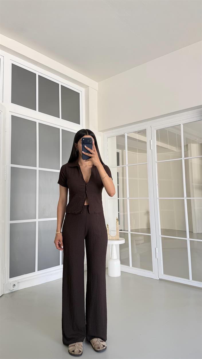 Acı Kahve Crop Bluz Beli Lastikli Pantolon Bürümcük Takım GAUS-01555
