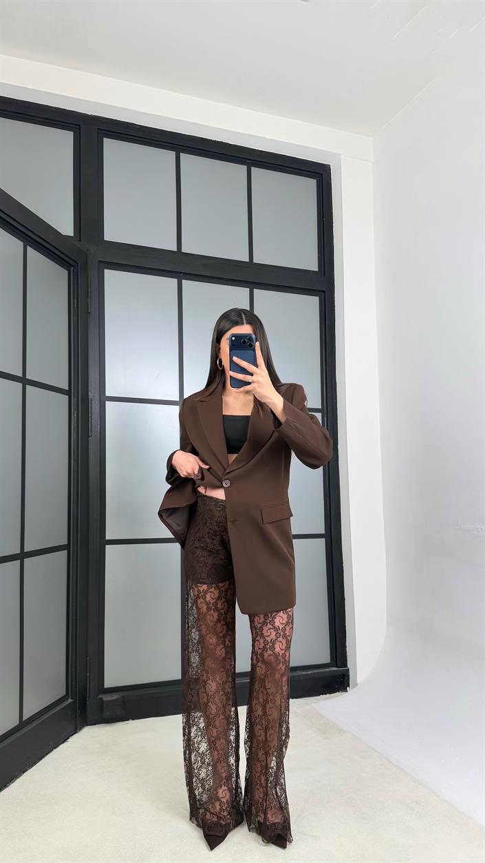 Kahve Astarlı Vatkalı Ceket Beli Lastikli Dantel Pantolon İkili Premium Takım GAUS-01220