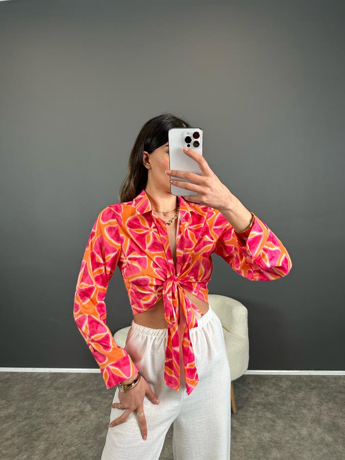 Pembe İthal Yumuşak Saten Bağlamalı Bluz