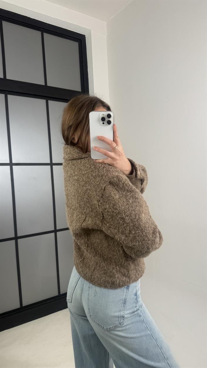 Kahve Astarlı Fermuarlı Muadil Keçe Kumaş Ceket GAUS-00603