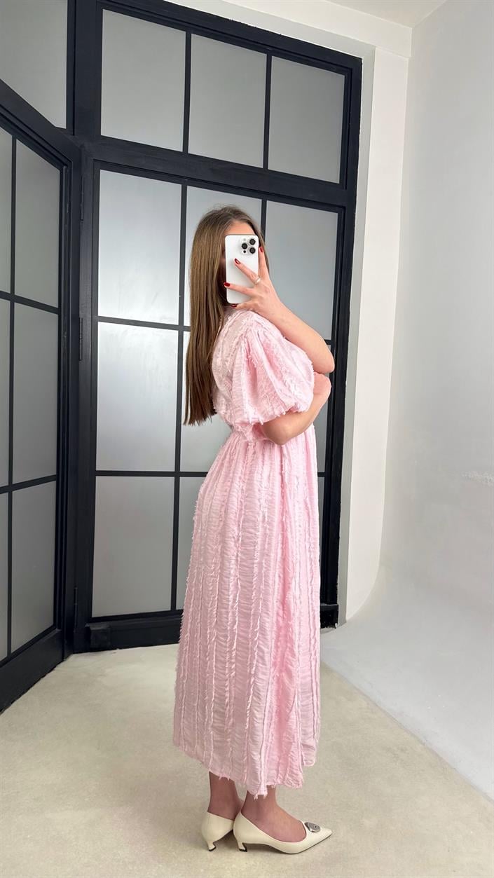 Pembe Püsküllü V Yaka Balon Kol Elbise GAUS-01232
