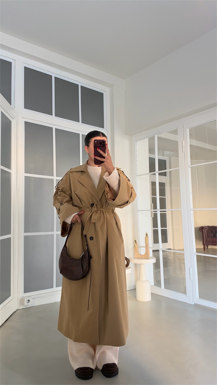 Camel Yırtmaç Detaylı Astarlı Kuşaklı Premium Trençkot GAUS-02246