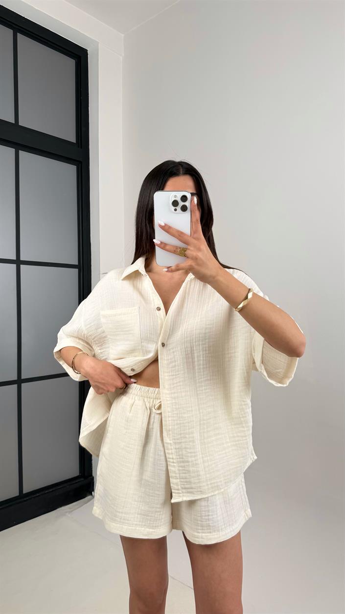 Taş Cepli Gömlek Beli Lastikli Şort Müslin Takım Gaus00445