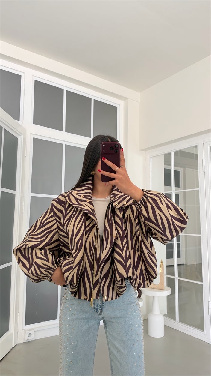 Kahve Zebra Desenli Astarlı Ceket GAUS-02240