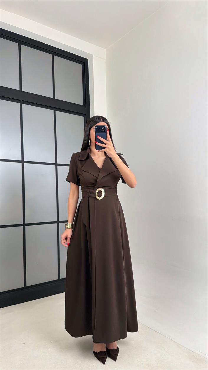 Acı Kahve Gold Toka Kuşaklı Krep Kumaş Uzun Elbise GAUS-00974