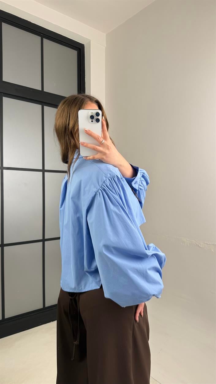 Mavi Yarasa Kol Crop Poplin Gömlek GAUS-01117