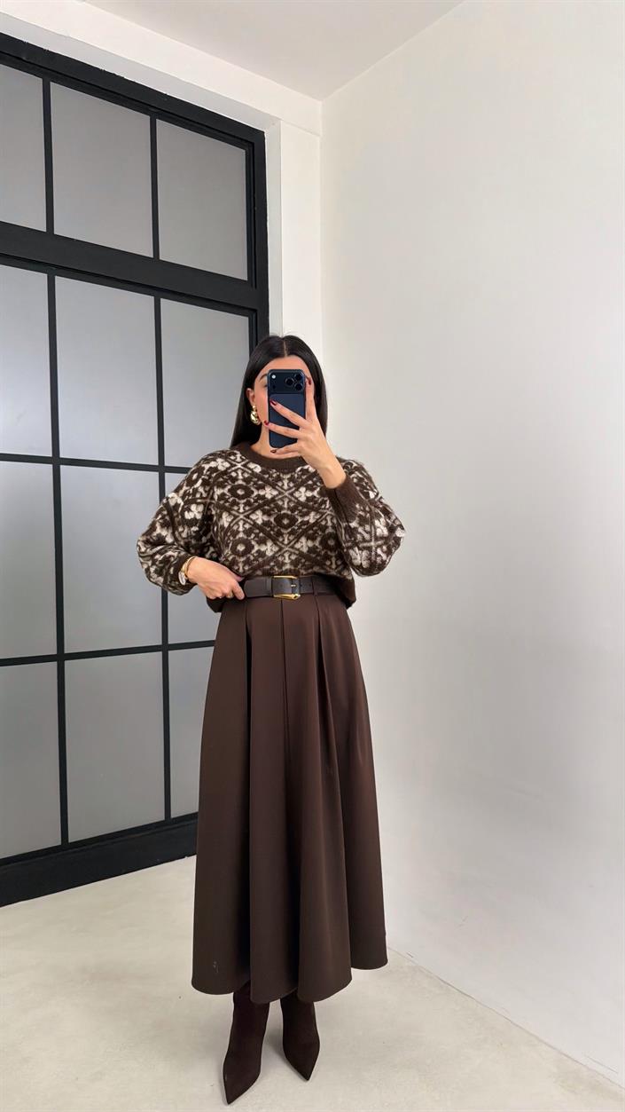 Acı Kahve Kemerli Pile Detaylı Kumaş Etek GAUS-00701