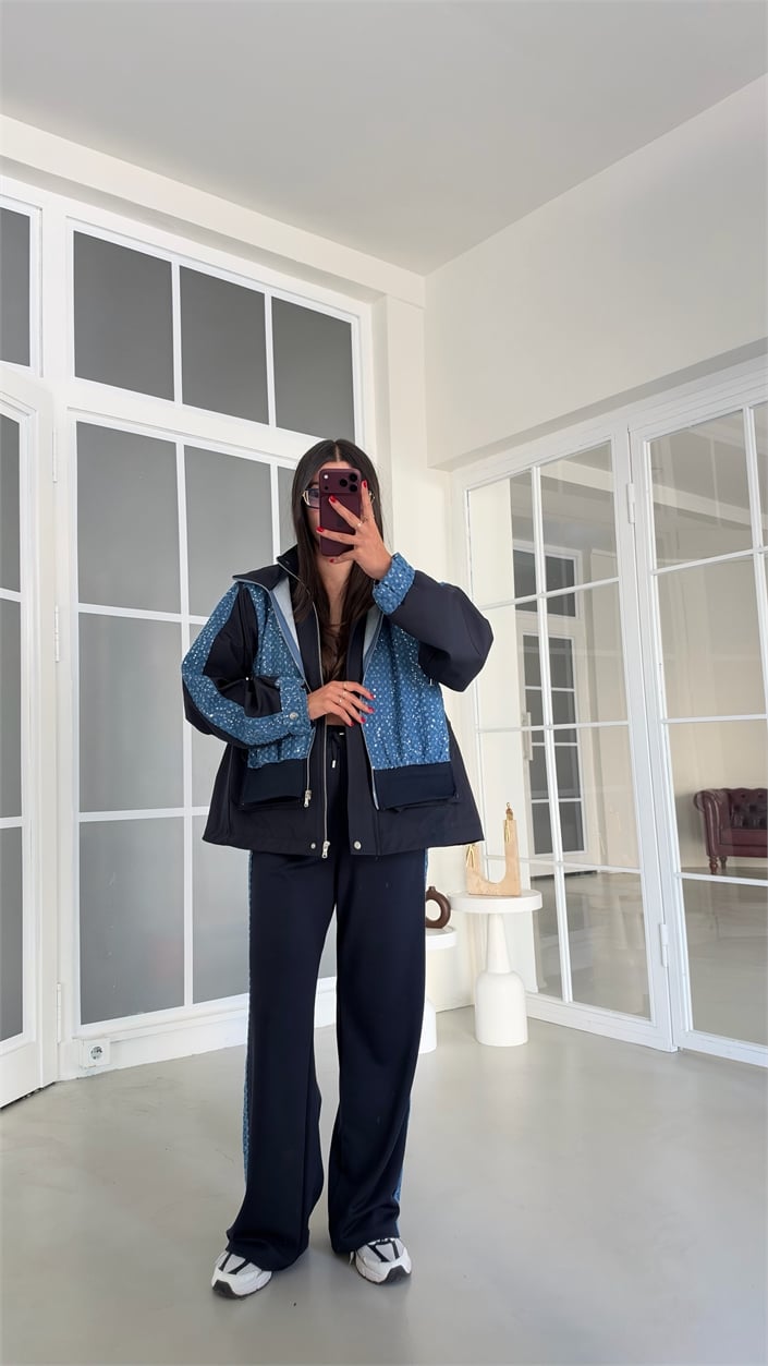 Lacivert Pullu Beli Lastikli Ceket Pantolon Paraşüt Detaylı Modal Takım GAUS-02213