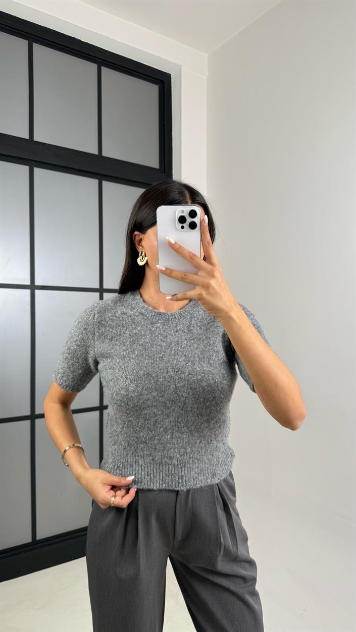 Antrasit Kısa Kol Yumuşak Triko Kazak GAUS-00554