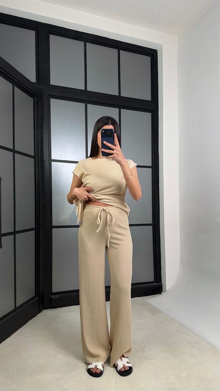 Bej Bağlama Detaylı Bluz Beli Lastikli Pantolon Krinkıl Kumaş Takım GAUS-01308