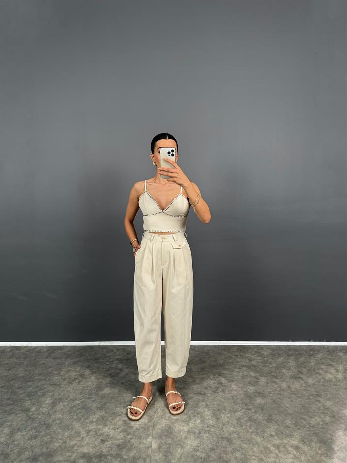 Disy Krem Gabardin Dokuma Paça Detaylı Pantolon