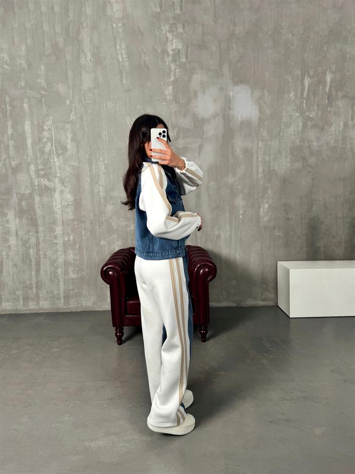 Gong Beyaz Denim Karışımlı Şeritli Takım