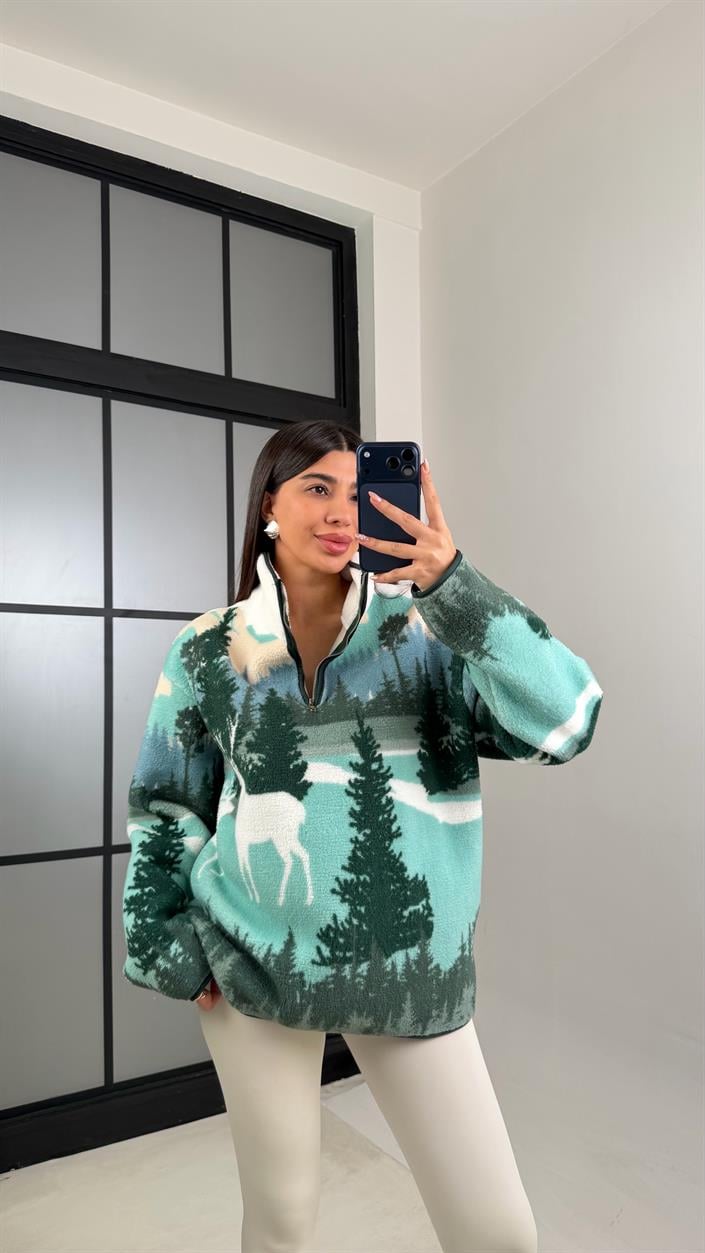 Turkuaz Fermuarlı Geyik Desenli Polar Sweatshirt GAUS-00870