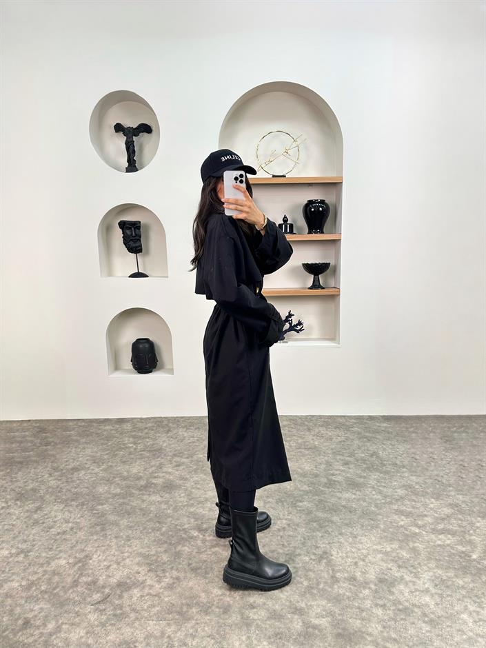 Wendy Siyah Kemerli Astarsız Muadil Trençkot