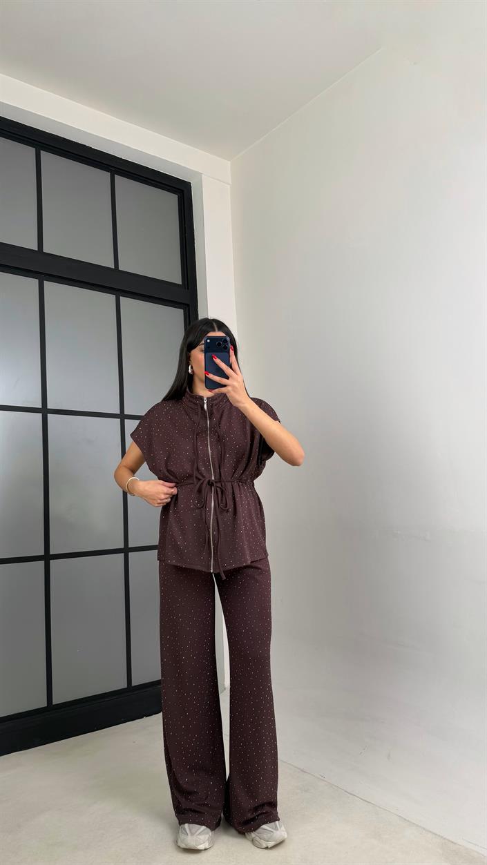 Kahve Beli Lastikli Hırka Pantolon Taşlı Modal Takım GAUS-01064