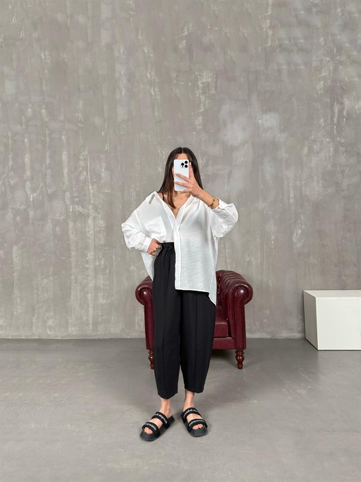 Orfi Siyah Çımalı Tensel Şalvar Pantolon