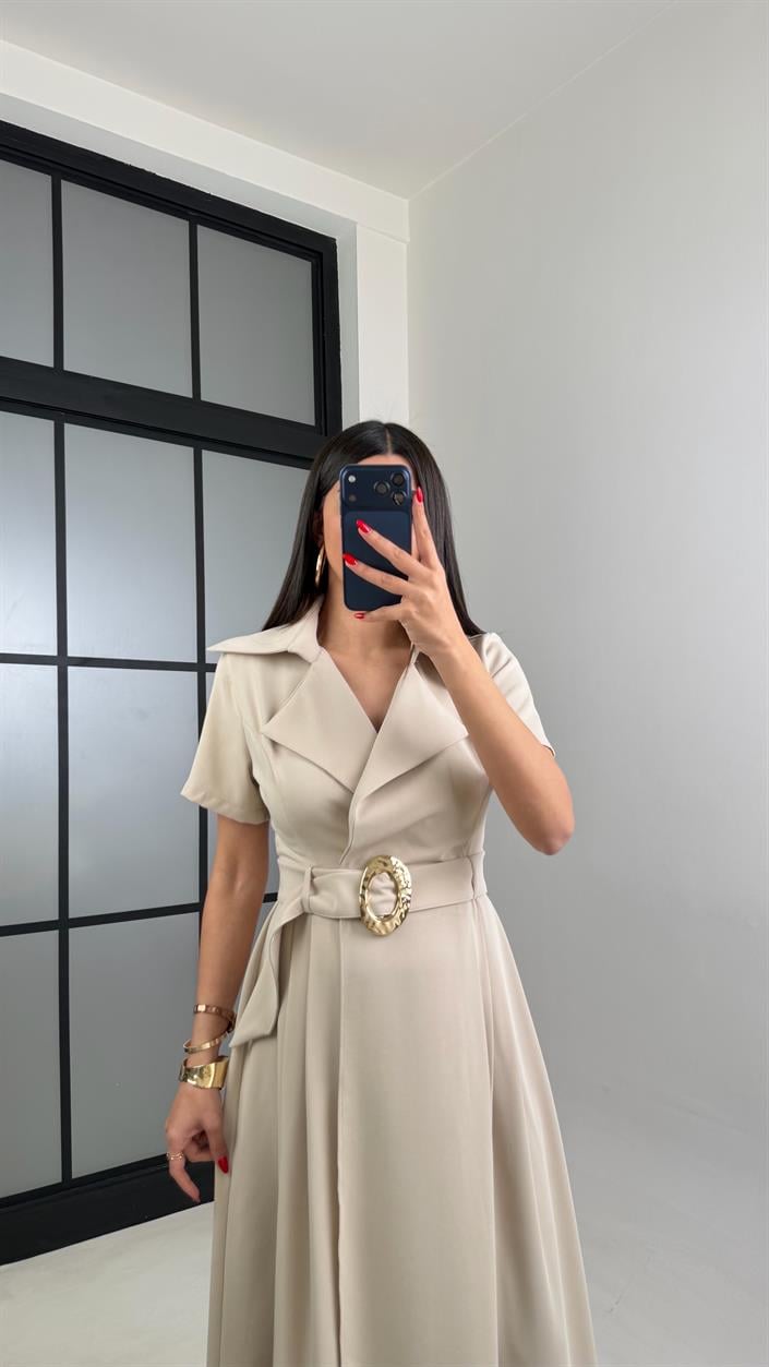 Taş Gold Toka Kuşaklı Krep Kumaş Uzun Elbise GAUS-00974