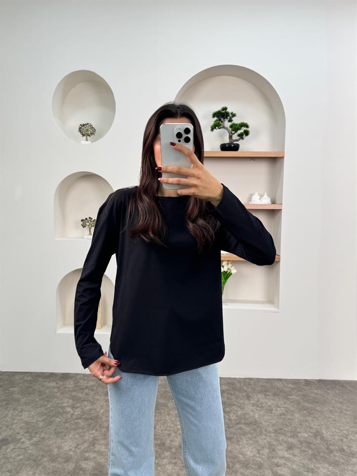 May Siyah Bisiklet Yaka Uzun Kollu Penye Bluz