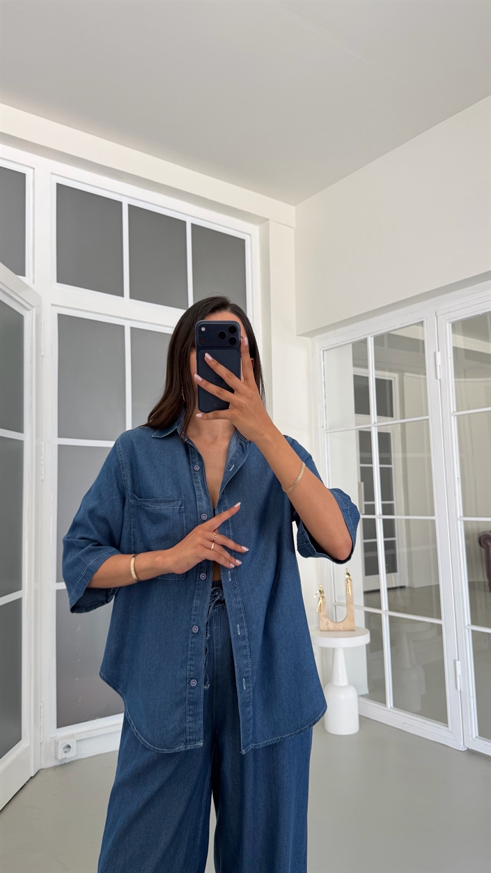 Koyu Mavi Gömlek Beli Lastikli Pantolon İkili Tencel Denim Takım GAUS-01791